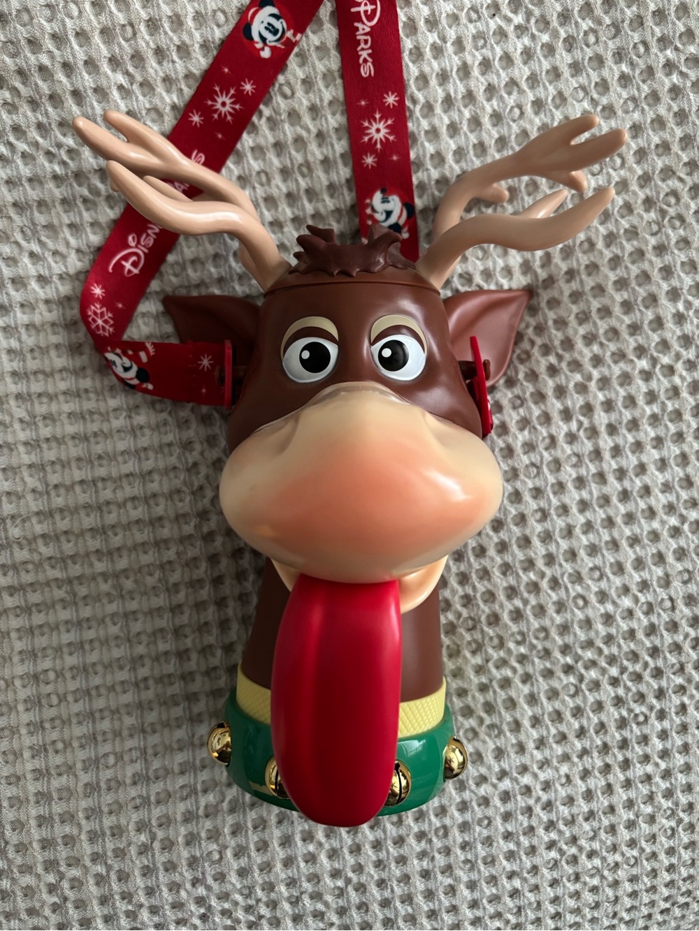 Disney Brown Reindeer Popcorn Bucket with Red Lanyard and Green Collar